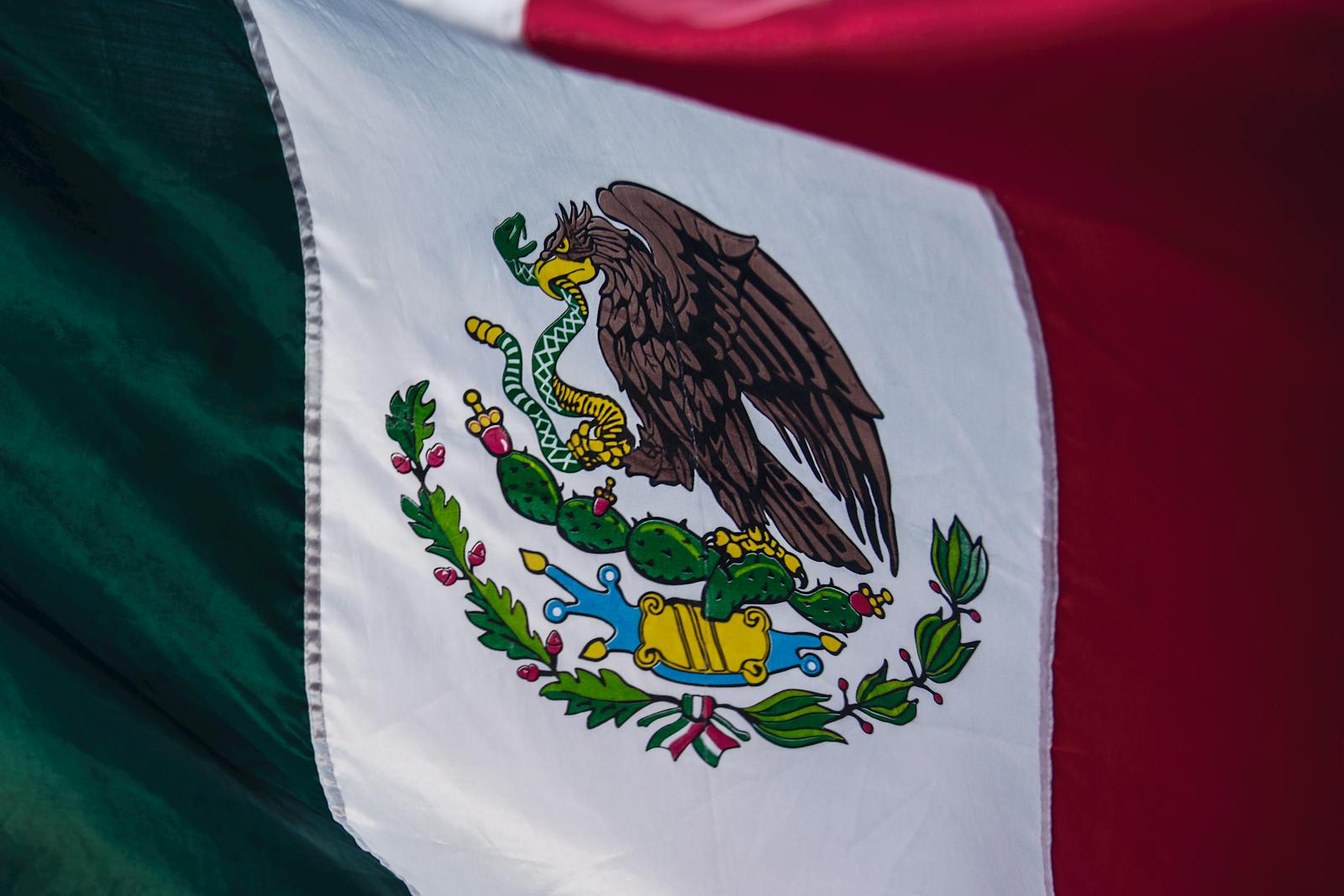 Detailed close-up of the Mexican flag showcasing its vibrant colors and emblem.